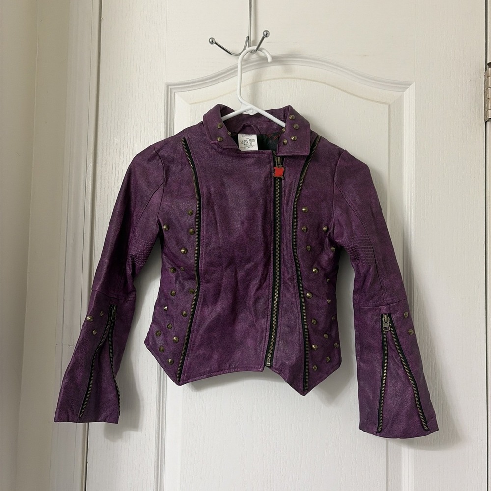 Disney Kids Mal-Descendants Moto Studded Purple Faux Leather Jacket Size 7/8